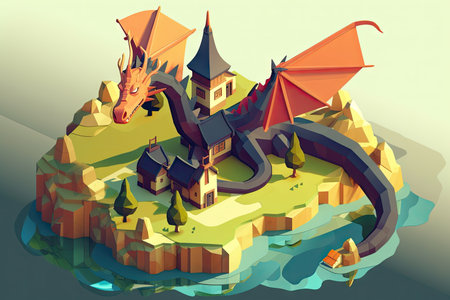 gigantic dragon, casting its shadow over peaceful village, in isometric view, created with generative aiの素材