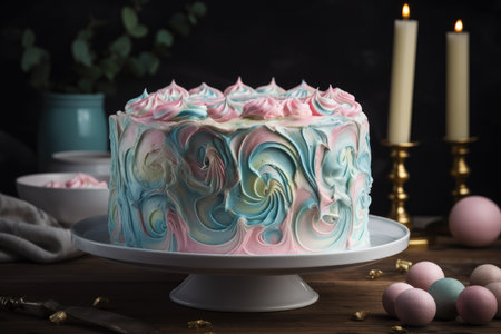 two-layer cake, frosted with swirls of pastel pink and blue icing, created with generative aiの素材