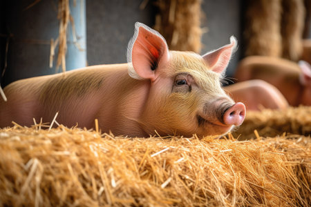 mom piglet sitting on her nest of straw and watching over her little ones, created with generative aiの素材