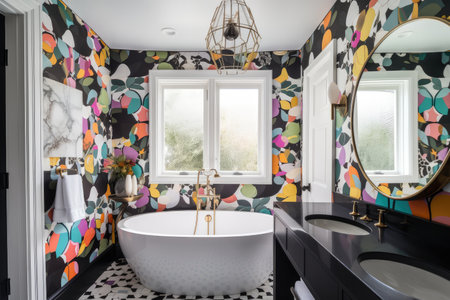 colorful wallpaper in bathroom with black and white tile, created with generative aiの素材