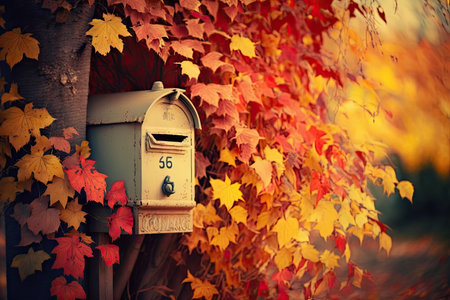 a mailbox surrounded by autumn foliage and colorful leaves, created with generative aiの素材