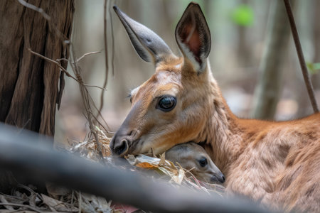 mother kangaroo grooming her joey with its head poking out of the pouch, created with generative aiの素材