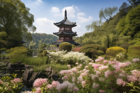peaceful garden with view of the pagoda surrounded by blooming flowers, created with generative aiの素材