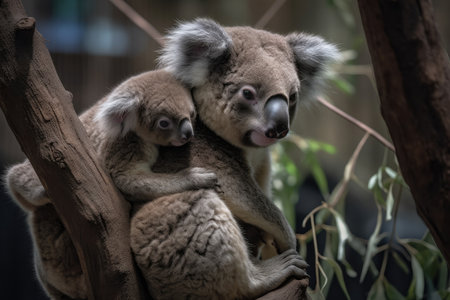 koala mother hanging from branch, with her offspring clinging to her side, created with generative aiの素材