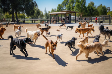 dog park, with many dogs playing and running around in the sun, created with generative aiの素材