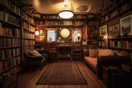 a library with a cozy reading room, surrounded by shelves filled with books, created with generative aiの素材