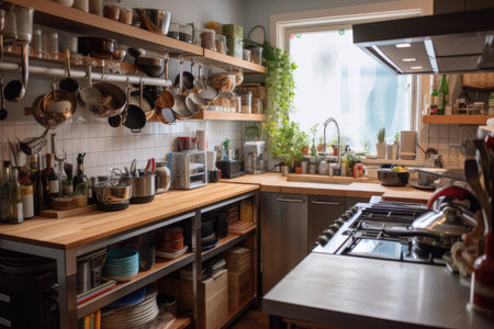 high-volume kitchen with smooth workflow, stocked with ingredients and tools, created with generative aiの素材