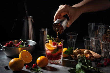 the making of a cocktail with fruit and herbs for garnish, created with generative aiの素材