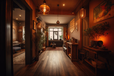 lofi interior with wooden floor, warm lighting and vintage decor, created with generative aiの素材