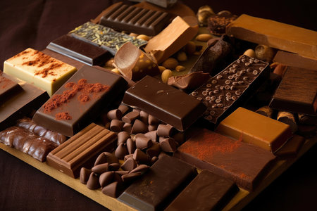 plate of gourmet chocolate bars, with selection of flavors and textures, created with generative aiの素材