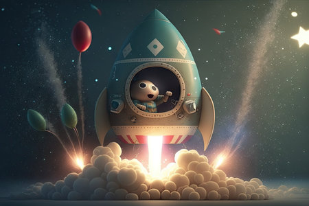 cute rocket start, with fireworks display and music in the background, created with generative aiの素材