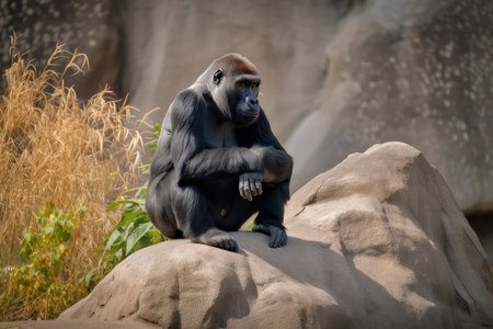 gorilla sitting on rock, surveying its surroundings, created with generative aiの素材