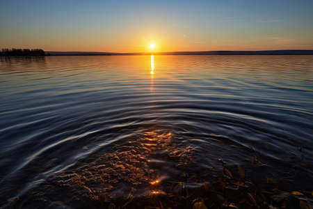 crystal-clear lake, with view of sun rising over the horizon, created with generative aiの素材