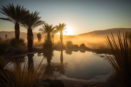 desert oasis with misty sunrise view, the morning sun peeking over the horizon, created with generative aiの素材