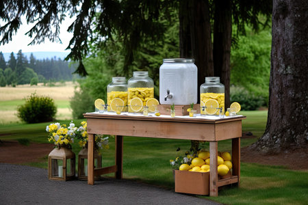 lemonade stand with fresh lemons and sugar bowl nearby, created with generative aiの素材