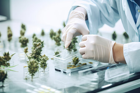 medical marijuana research lab, with scientists analyzing and testing various strains and products, created with generative aiの素材