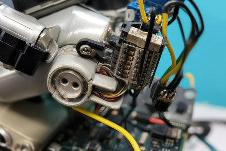 close-up of robot arm with tools and wires visible, created with generative aiの素材