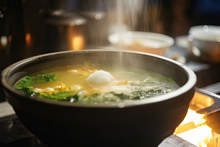 close-up of the rich broth, with steam rising from the hot bowl, created with generative aiの素材