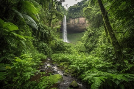 majestic waterfall cascading into lush jungle valley, created with generative aiの素材