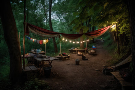 campsite with hammocks, lanterns, and picnic for a relaxing night under the stars, created with generative aiの素材