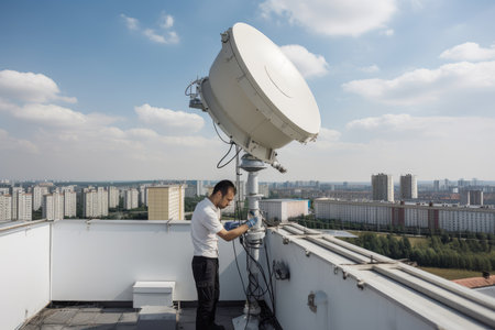 a technician is installing a satellite system on the roof of a modern office building, with the city skyline visible in the background, created with generative aiの素材