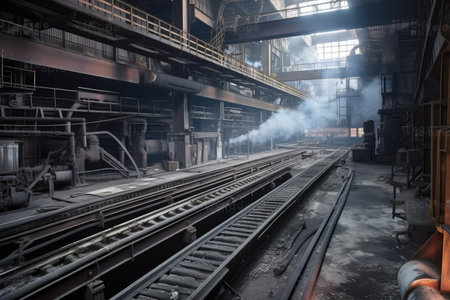 vast aluminum plant, with conveyer belts and smelting furnaces in motion, created with generative aiの素材