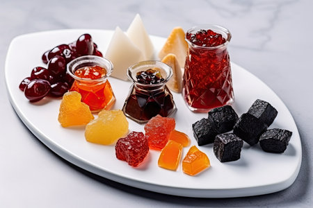 mix of preserves in different sizes and shapes, on white plate, created with generative aiの素材
