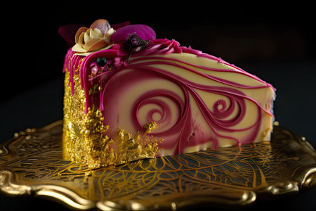 cake slice, with swirls of fuchsia and gold frosting, created with generative aiの素材
