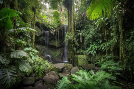 lush jungle with towering waterfalls and lush greenery, created with generative aiの素材