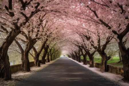 a cherry blossom tunnel, with blooming trees arching overhead, created with generative aiの素材