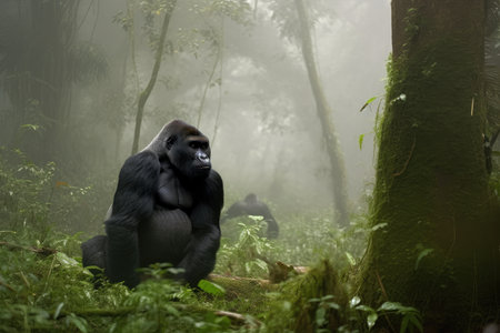 gorilla in the misty rainforests of africa, created with generative aiの素材