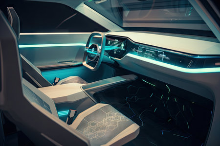 interior of sleek, futuristic car with touchscreens and holographic displays, created with generative aiの素材