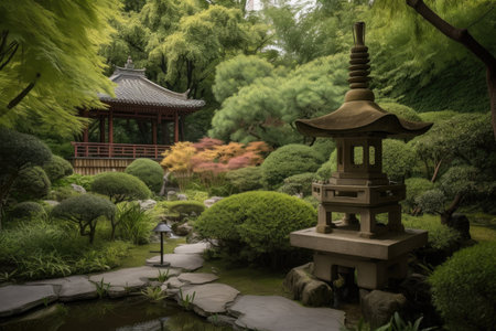 serene garden with peaceful pagoda and waterfall visible in the background, created with generative aiの素材