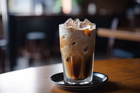 iced coffee latte, with carefully poured swirl of caramel and cherry syrup, created with generative aiの素材