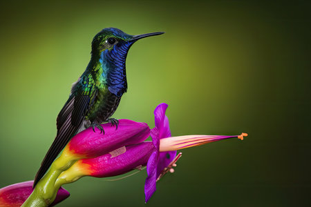 fiery-throated hummingbird, perching on exotic orchid, created with generative aiの素材