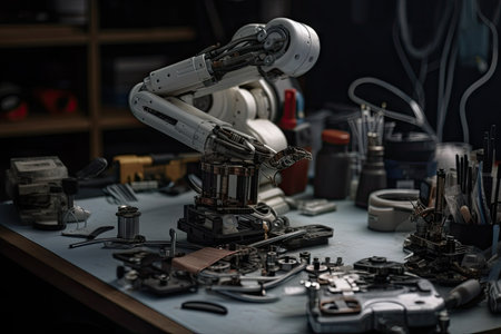 close-up of robot arm, with tools and parts laid out for repair, created with generative aiの素材