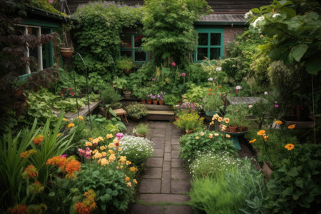 a garden with a variety of plants, from small to tall and blooming, created with generative aiの素材