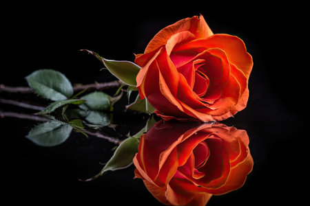 fiery red rose with complementary risgt and black background, created with generative aiの素材