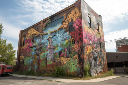 graffiti sprayer artist wrapping canvas with bold, vibrant designs, created with generative aiの素材