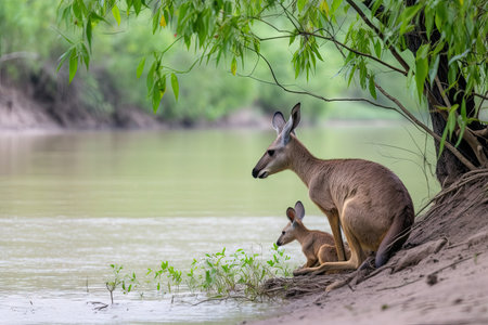 kangaroo mother sitting on riverbank, drinking water and keeping lookout, created with generative aiの素材