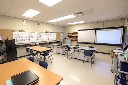classroom with smart board, projector, and computer for digital learning, created with generative aiの素材