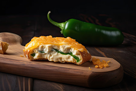jalapeno popper, with cream cheese and cheddar, on wooden board, created with generative aiの素材