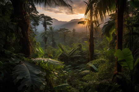 jungle, with view of the sun setting behind a range of mountains, created with generative aiの素材