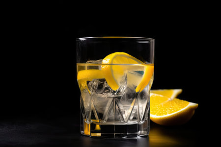 refreshing drink with ice cubes and lemon wedge on black background, created with generative aiの素材