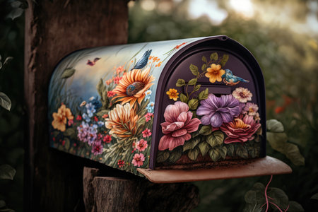 mailbox surrounded by blooming flowers, adding a colorful touch to the mailbox, created with generative aiの素材