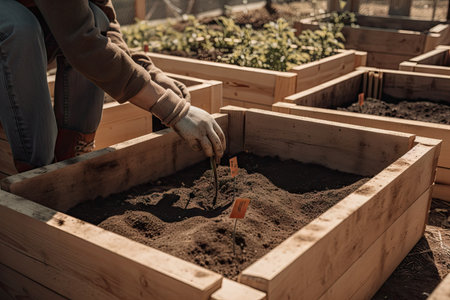 person, sowing seeds and tending to garden in community space, created with generative aiの素材