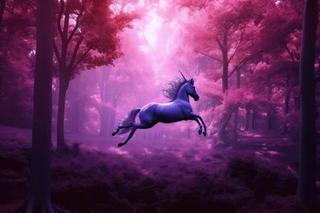 magical dark purple forest with unicorn, flying through the trees, created with generative aiの素材