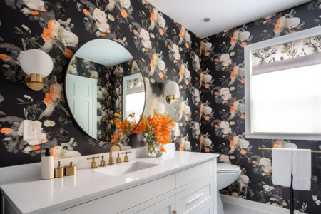 floral wallpaper in a modern bathroom, created with generative aiの素材