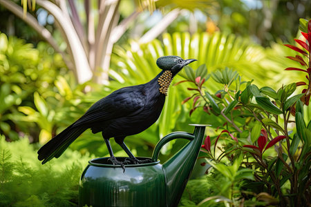 exotic bird perched on watering can, with lush greenery in the background, created with generative aiの素材