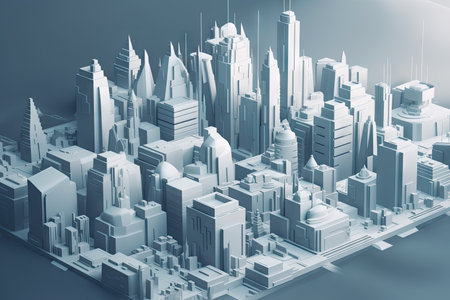 isometric view of futuristic city, with sleek and streamlined buildings towering over the skyline, created with generative aiの素材